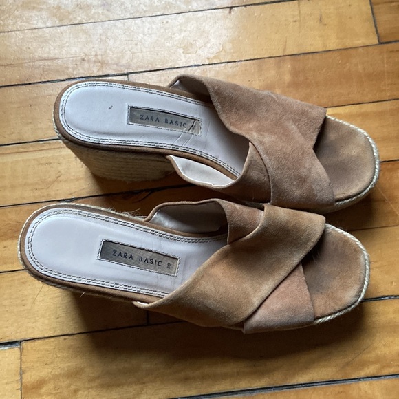 Zara Platform Brown Suede Cord Heeled Sandals - Picture 2 of 6